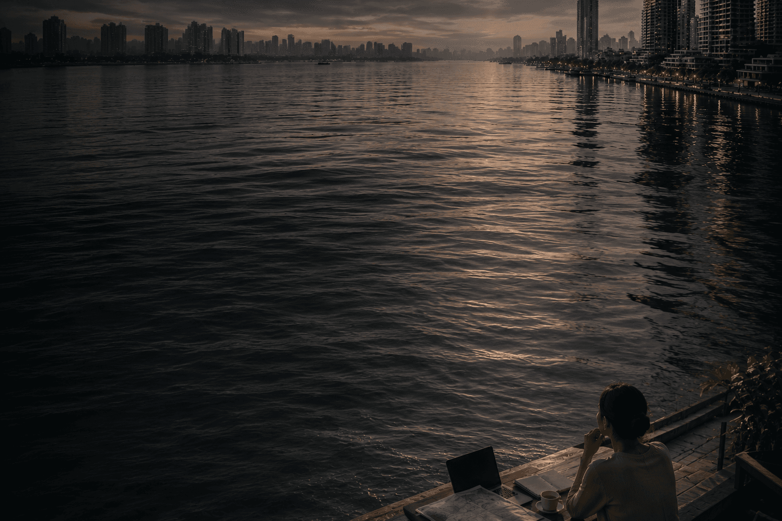 A workspace overlooking a city skyline at dusk, laptop and coffee on the desk